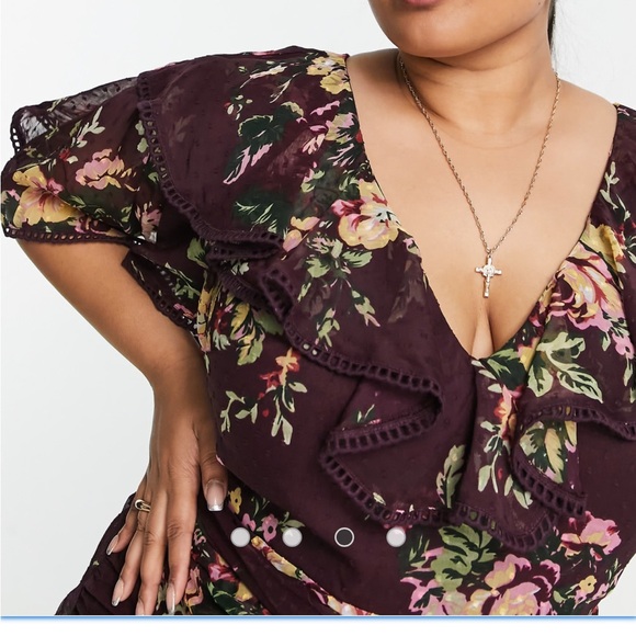 Like new! ASOS Curve draped midi dress, chiffon, maroon w/floral design, Size 14 - Picture 3 of 7